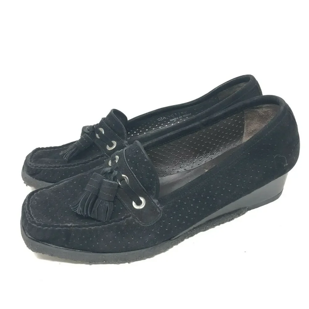 Stuart Weitzman Loafer Women's 9.5‎ Black Suede Crepe Sole Tassel Moc Toe